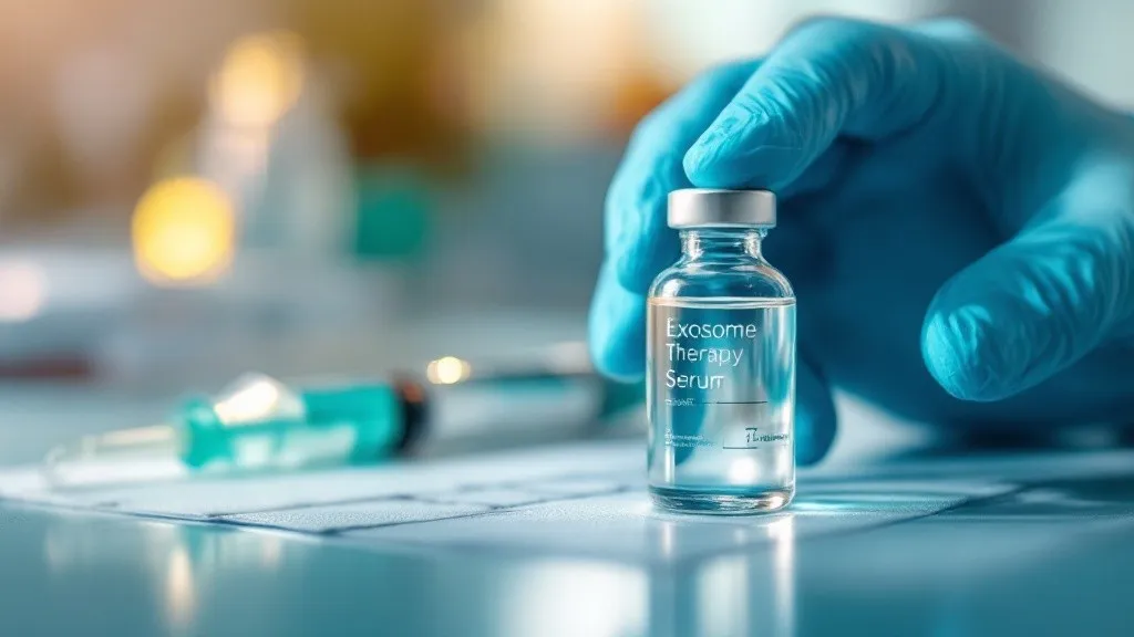 A vial of exosome therapy serum and a syringe in a clinical setting at Rebuild Regen Medical Clinic, Lighthouse Point, FL