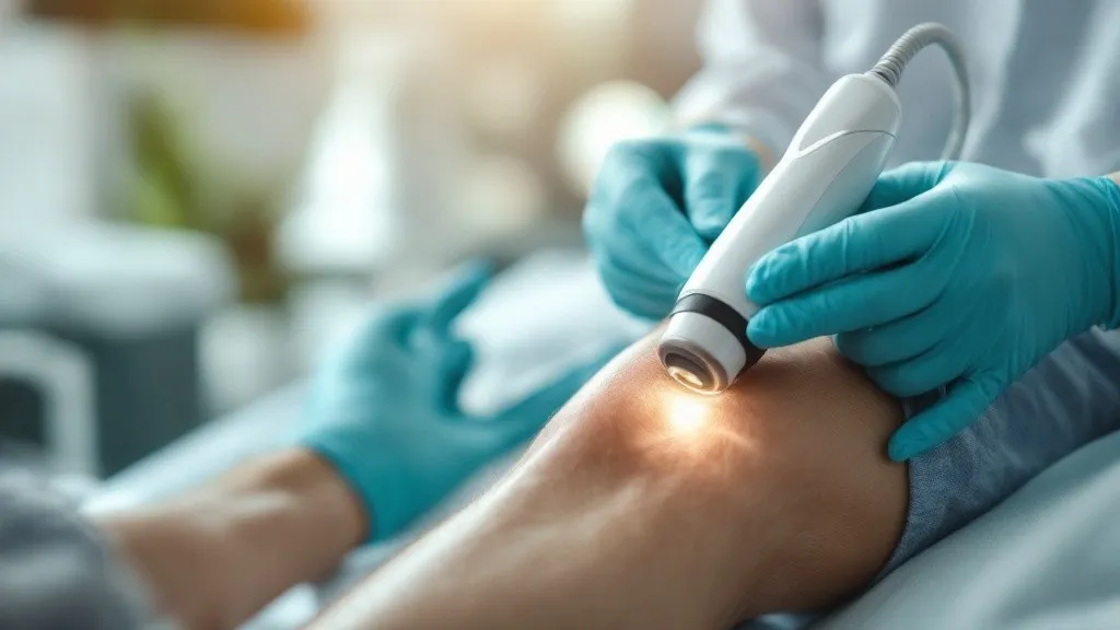 An acoustic shockwave therapy handpiece applied to a patient knee at Rebuild Regen Medical Clinic, Lighthouse Point, FL