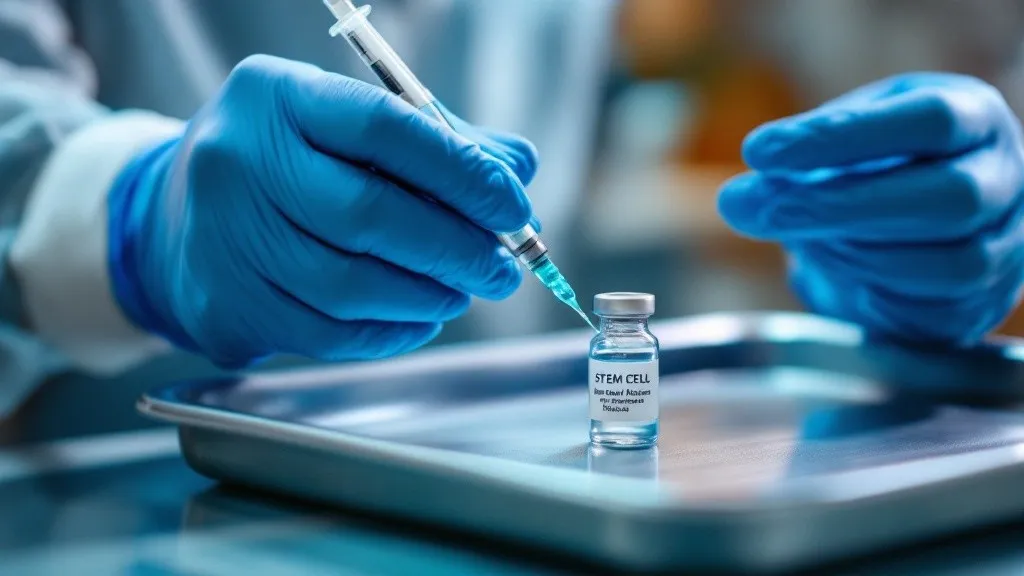 Gloved hands drawing stem cell therapy from a vial into a syringe at Rebuild Regen Medical Clinic, Lighthouse Point, FL