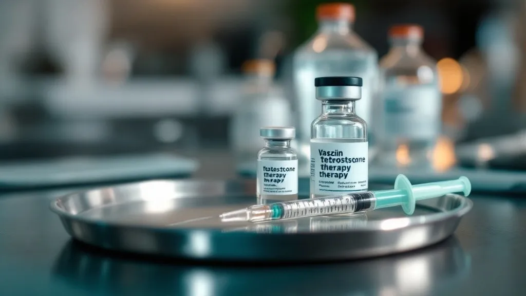 A testosterone therapy vial and syringe on a clinical tray at Rebuild Regen Medical Clinic, Lighthouse Point, FL